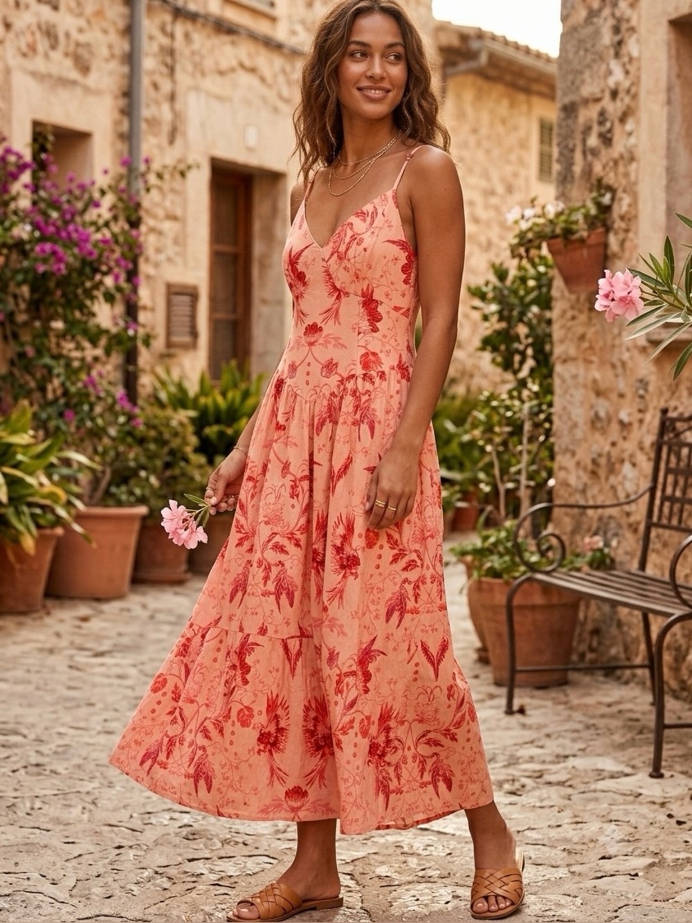 House of Harlow 1960 Orange Floral Maxi Dress Size Medium M Boho Summer V-Neck